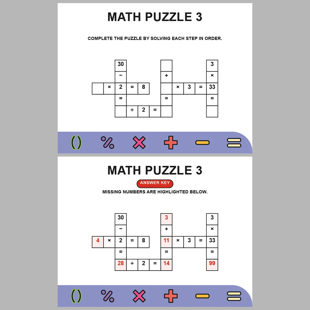 Math Puzzle Four Operations 10 Puzzle Pages + 10 Answer Key Pages (Vol. 7)