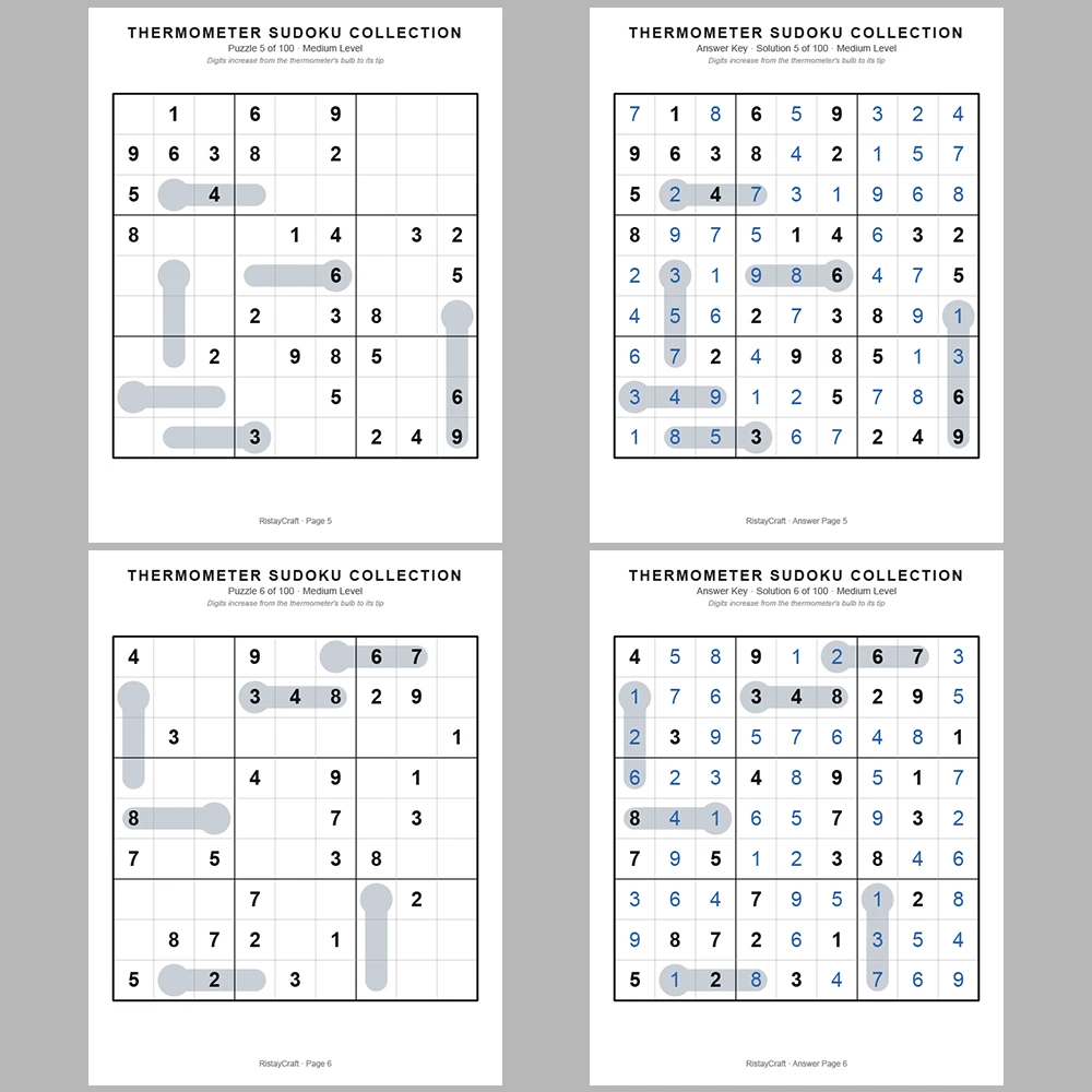 Sudoku Puzzle Thermometer Sudoku 100 Puzzle Pages + 100 Answer Key Pages