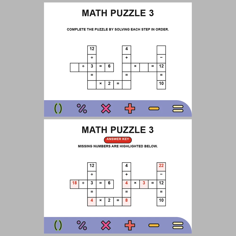 Math Puzzle Four Operations 10 Puzzle Pages + 10 Answer Key Pages (Vol. 6)