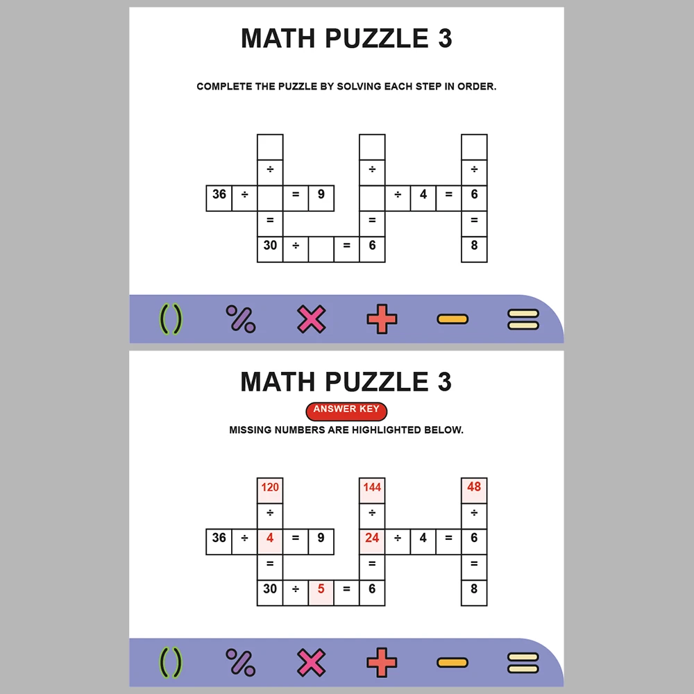 Math Puzzle Division 10 Puzzle Pages + 10 Answer Key Pages (Vol. 4)