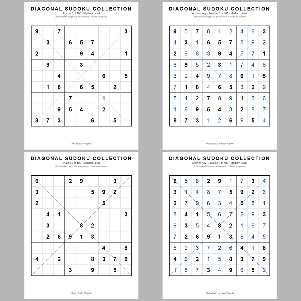 Sudoku Puzzle Diagonal Sudoku 100 Puzzle Pages + 100 Answer Key Pages