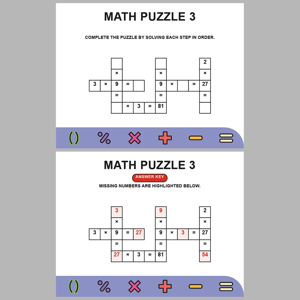 Math Puzzle Multiplication 10 Puzzle Pages + 10 Answer Key Pages (Vol. 2)