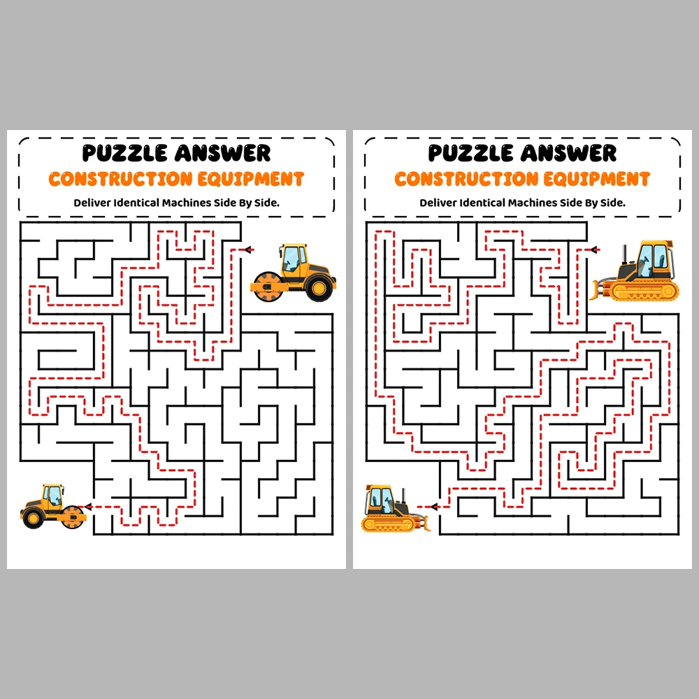 Construction Equipment Kids Maze Puzzle 10 Puzzle Pages + 10 Answer Key Pages