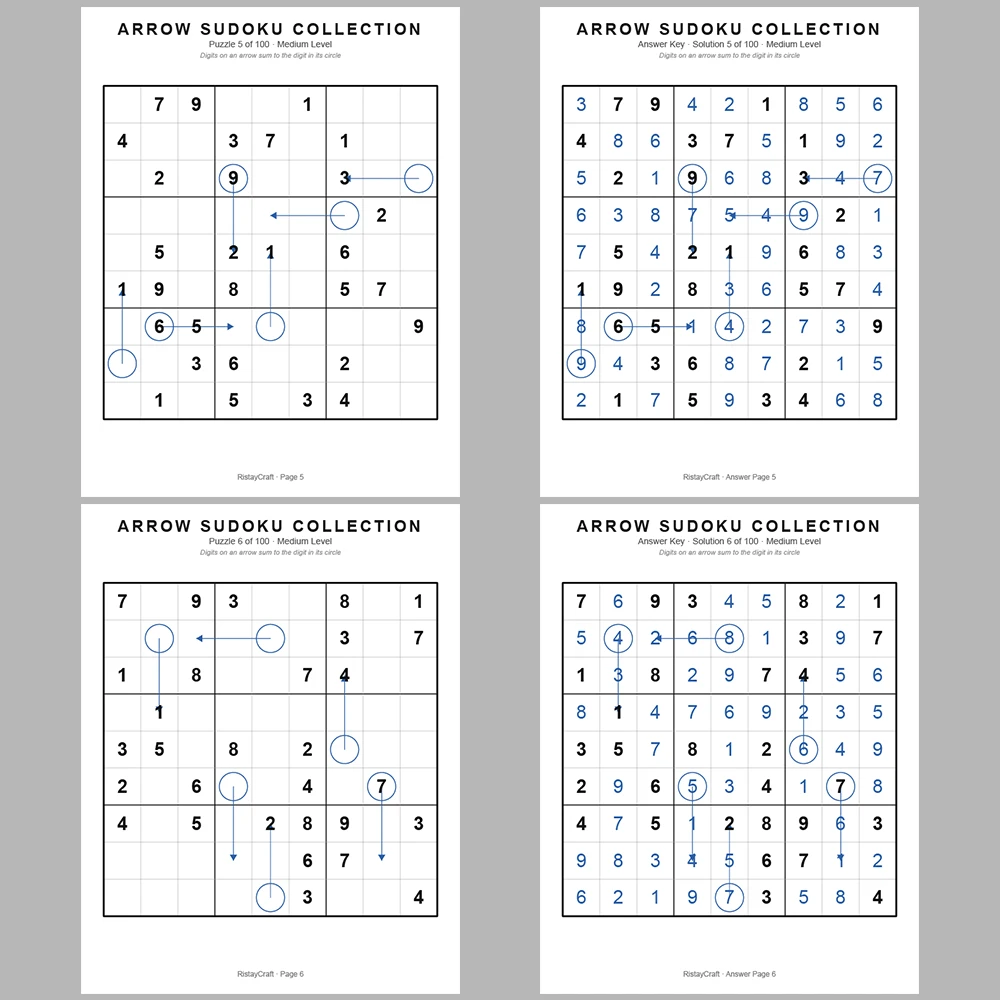 Suooku Puzzle Arrow Sudoku 100 Puzzle Pages + 100 Answer Key Pages