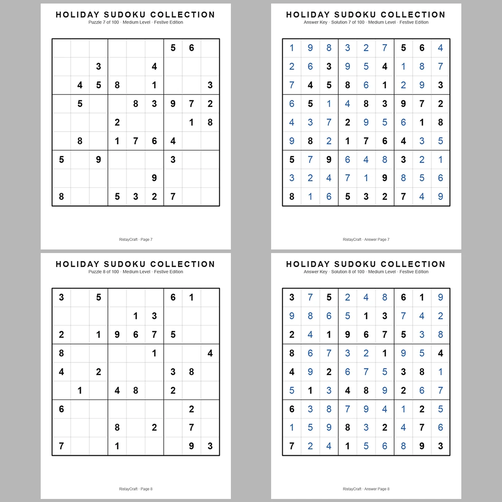 Sudoku Puzzle Holiday Sudoku 100 Puzzle Pages + 100 Answer Key Pages