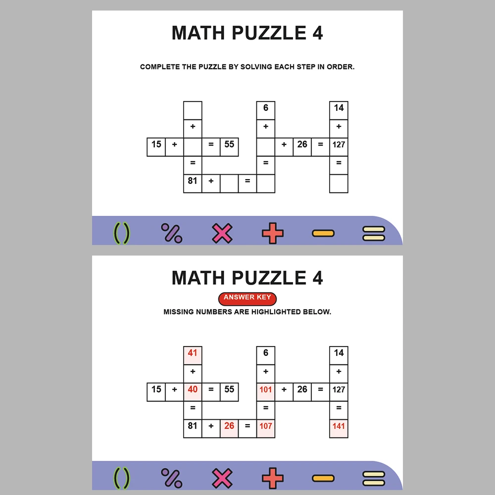 Math Puzzle Addition 10 Puzzle Pages + 10 Answer Key Pages (Vol. 5)