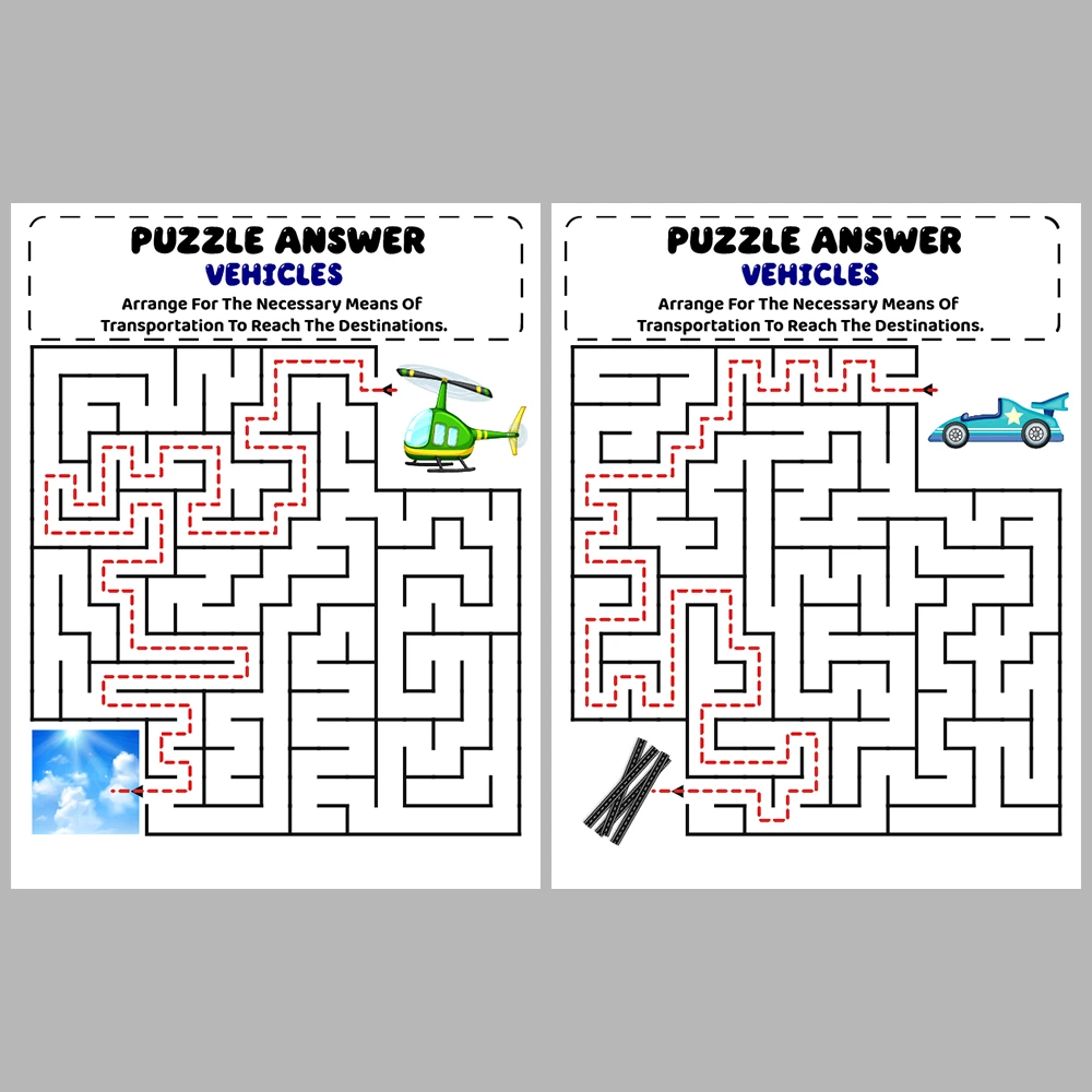 Vehicles Kids Maze Puzzle 10 Pages of Puzzles