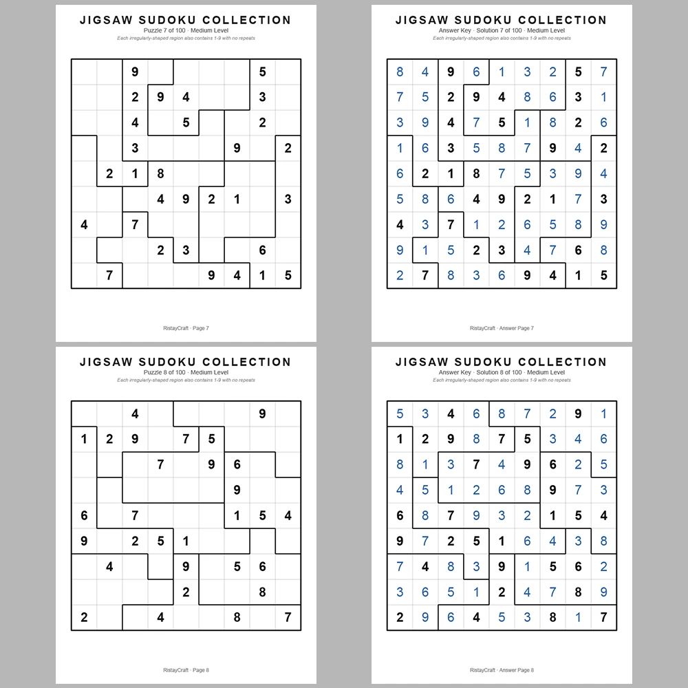 Sudoku Puzzle Jigsaw Sudoku 100 Puzzle Pages + 100 Answer Key Pages