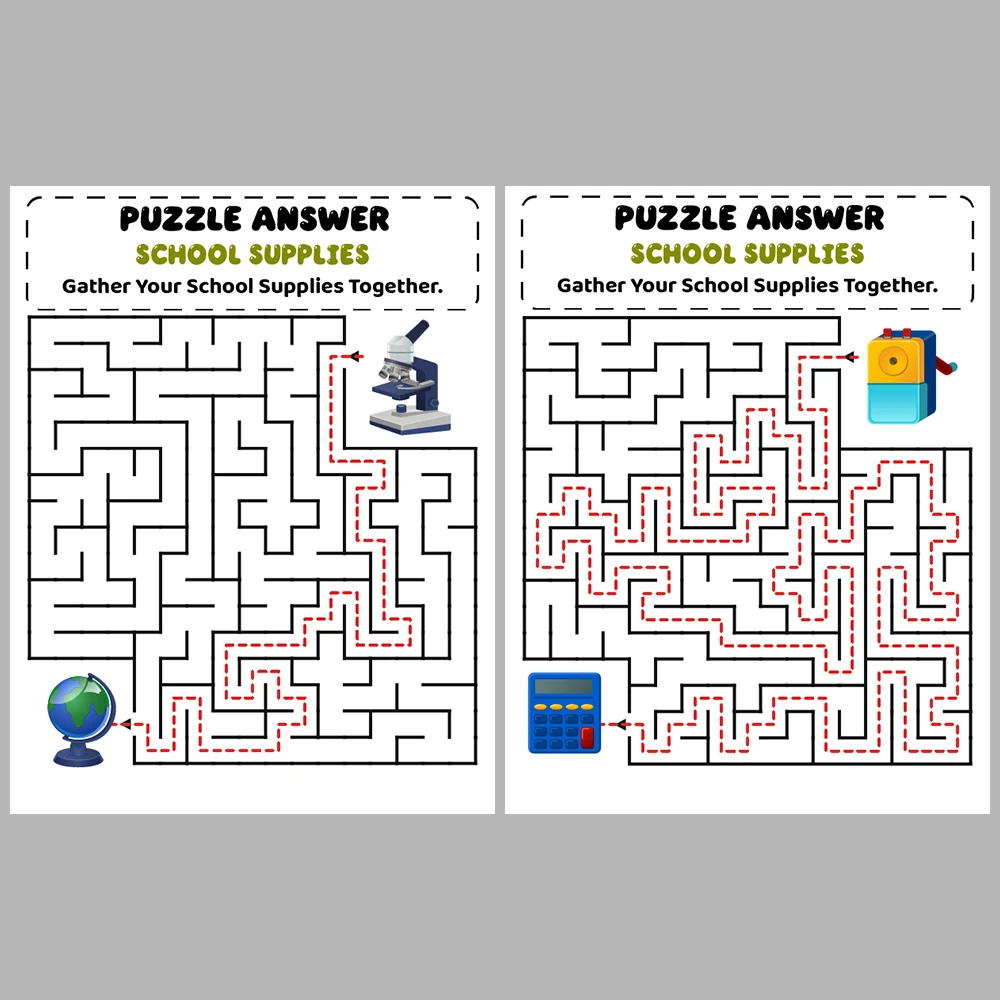 School Supplies Kids Maze Puzzle 10 Pages of Puzzles
