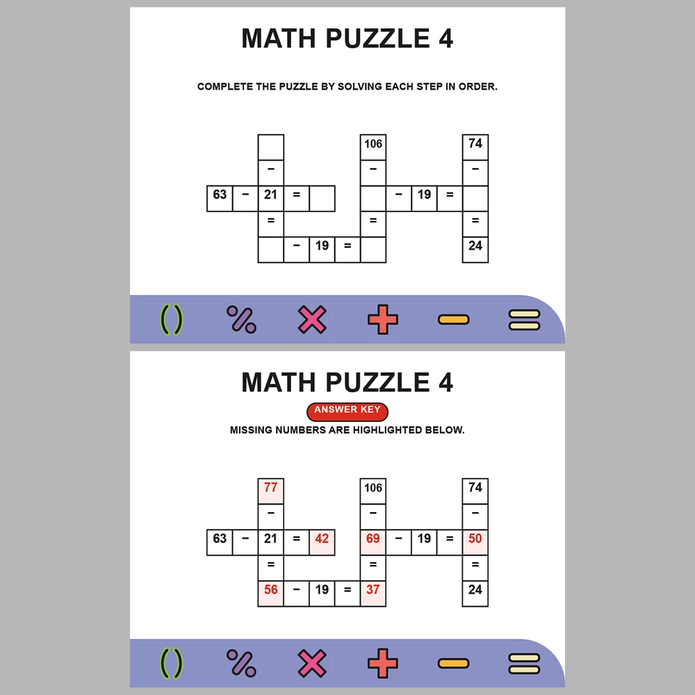 Math Puzzle Subtraction 10 Puzzle Pages + 10 Answer Key Pages (Vol. 2)
