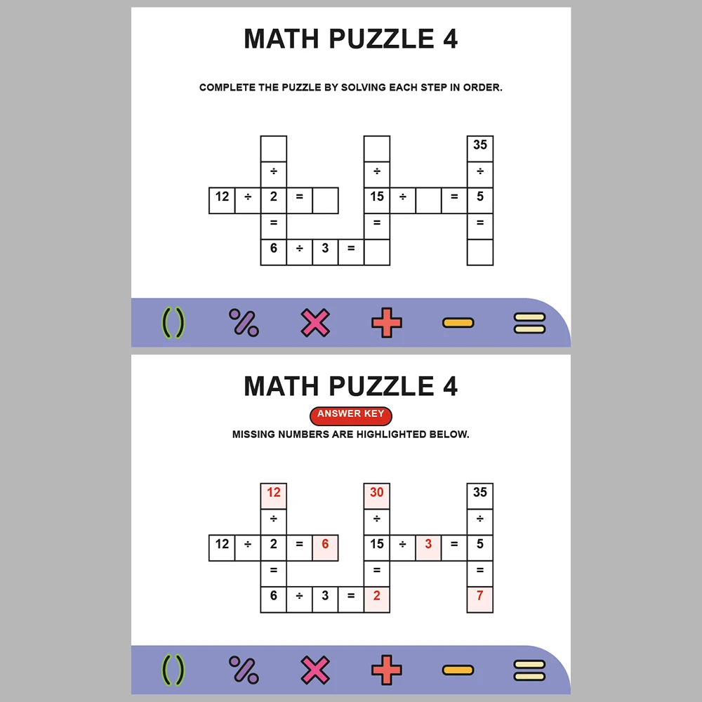Math Puzzle Division 10 Puzzle Pages + 10 Answer Key Pages (Vol. 3)
