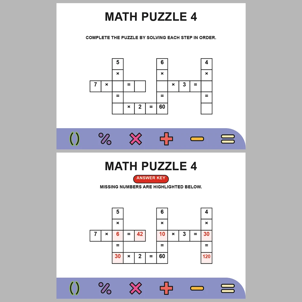 Math Puzzle Multiplication 10 Puzzle Pages + 10 Answer Key Pages (Vol. 7)