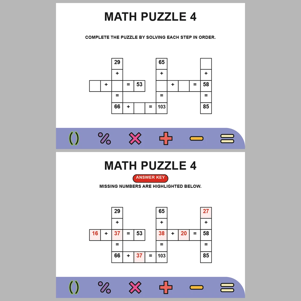 Math Puzzle Addition 10 Puzzle Pages + 10 Answer Key Pages (Vol. 1)