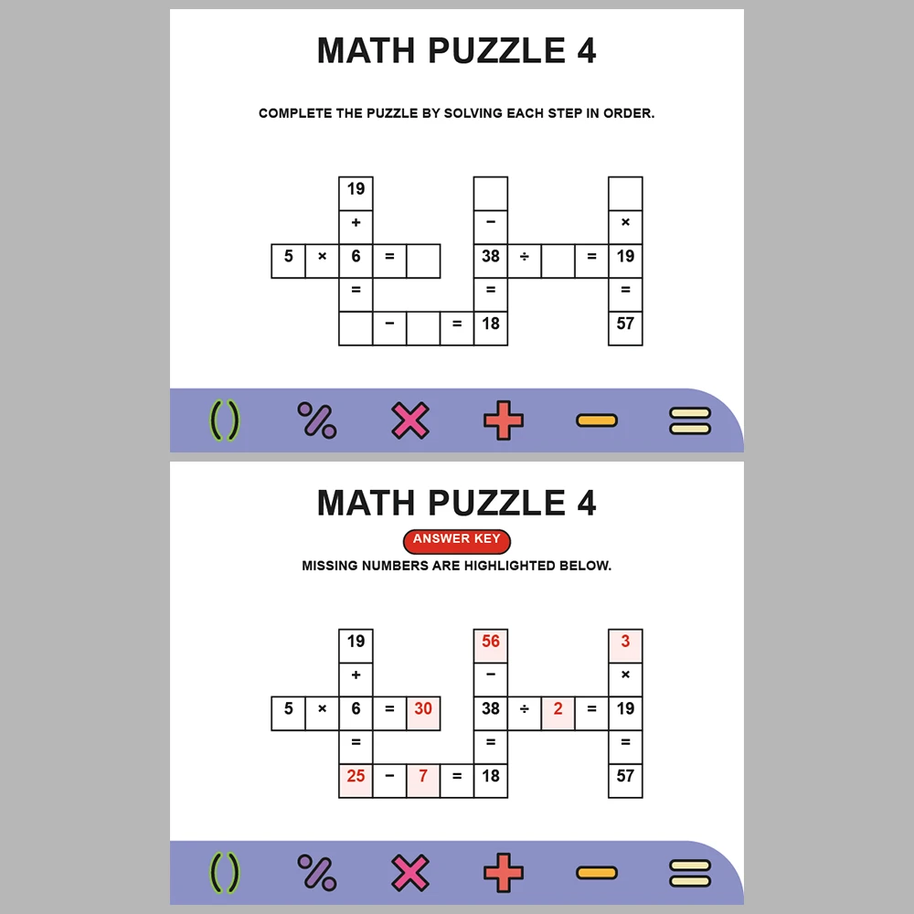 Math Puzzle Four Operations 10 Puzzle Pages + 10 Answer Key Pages (Vol. 13)