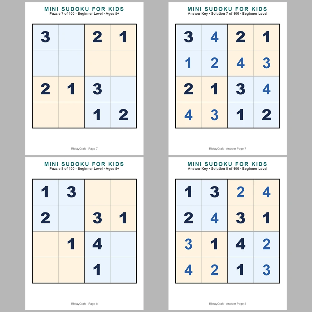 Mini Sudoku Puzzle for Kids 100 Puzzle Pages + 100 Answer Key Pages