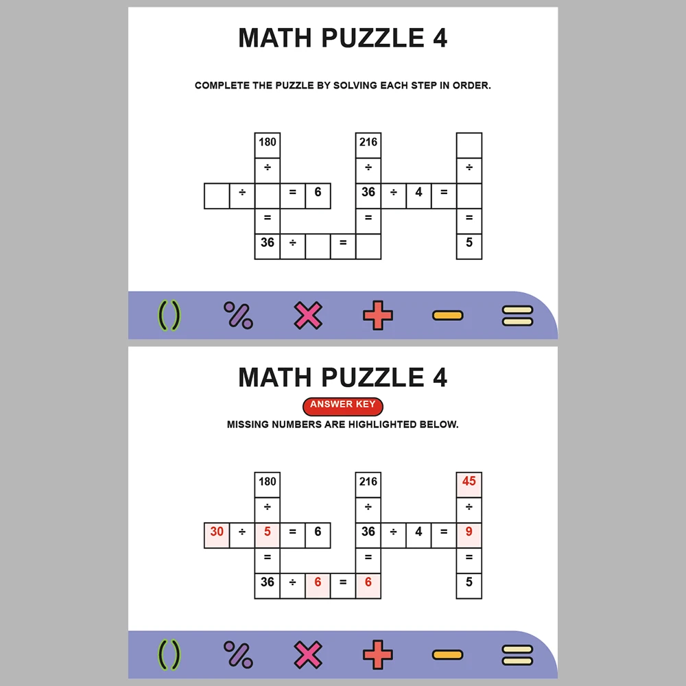 Math Puzzle Division 10 Puzzle Pages + 10 Answer Key Pages (Vol. 1)
