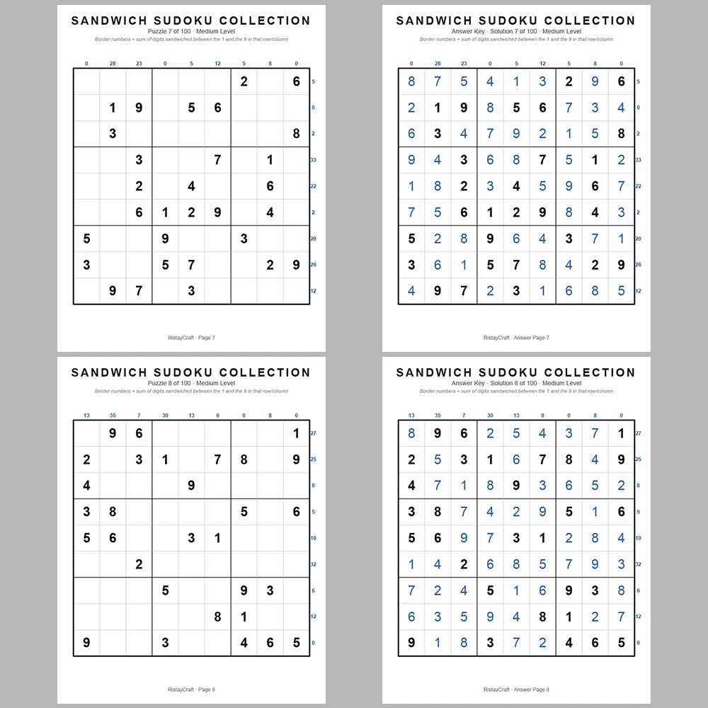 Suooku Puzzle Sandwich Sudoku 100 Puzzle Pages + 100 Answer Key Pages