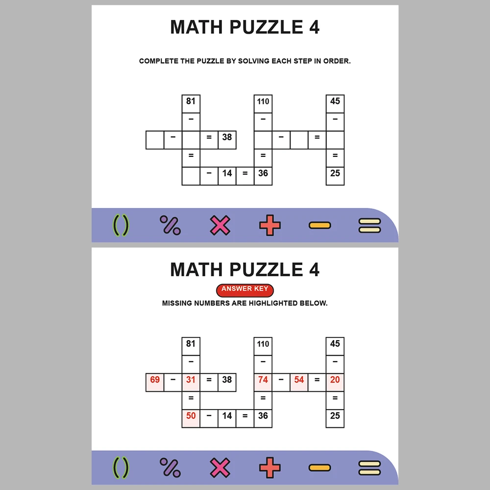 Math Puzzle Subtraction 10 Puzzle Pages + 10 Answer Key Pages (Vol. 9)