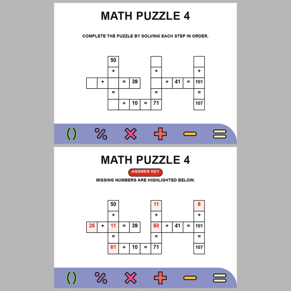 Math Puzzle Addition 10 Puzzle Pages + 10 Answer Key Pages (Vol. 8)