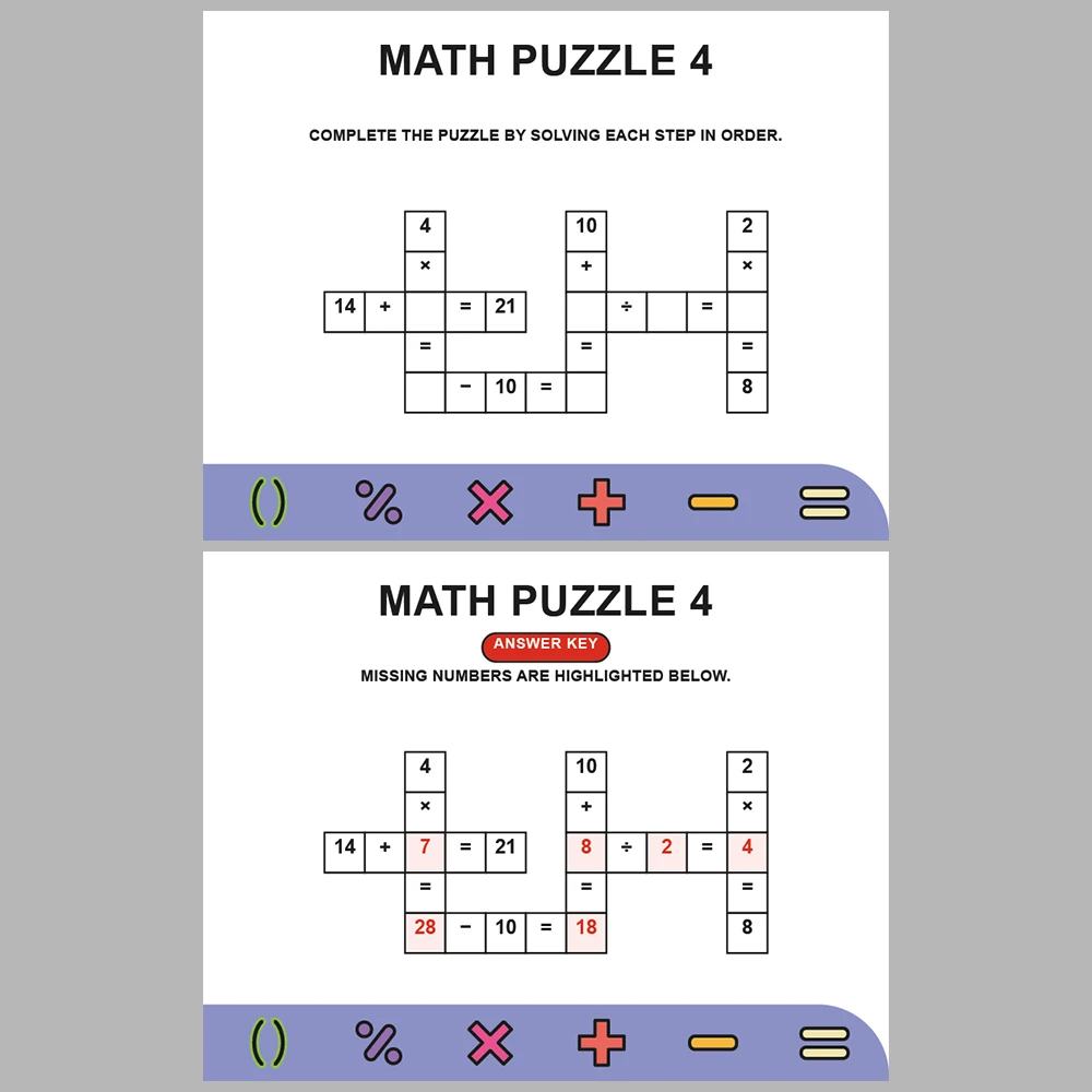 Math Puzzle Four Operations 10 Puzzle Pages + 10 Answer Key Pages (Vol. 8)