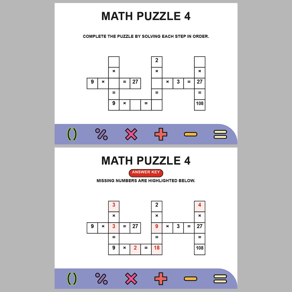 Math Puzzle Multiplication 10 Puzzle Pages + 10 Answer Key Pages (Vol. 4)