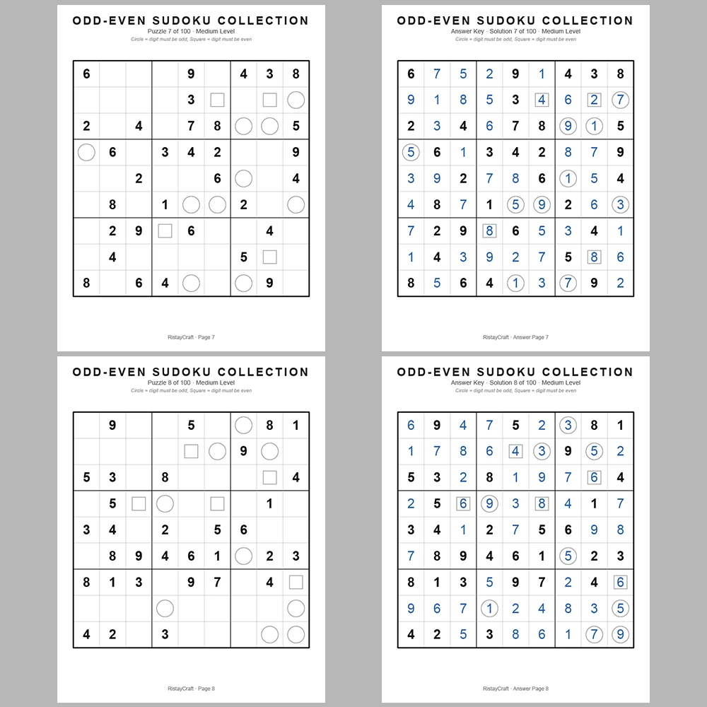 Sudoku Puzzle Odd-even Sudoku 100 Puzzle Pages + 100 Answer Key Pages