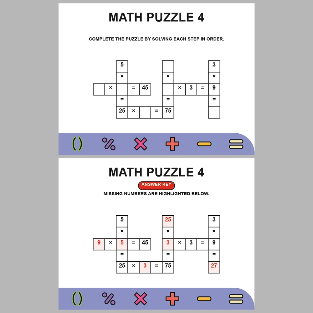 Math Puzzle Multiplication 10 Puzzle Pages + 10 Answer Key Pages (Vol. 1)