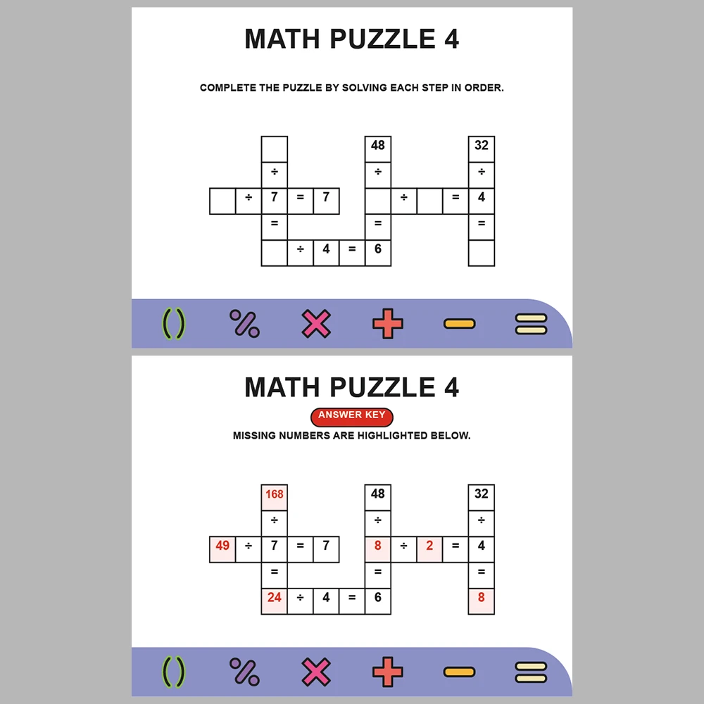 Math Puzzle Division 10 Puzzle Pages + 10 Answer Key Pages (Vol. 10)