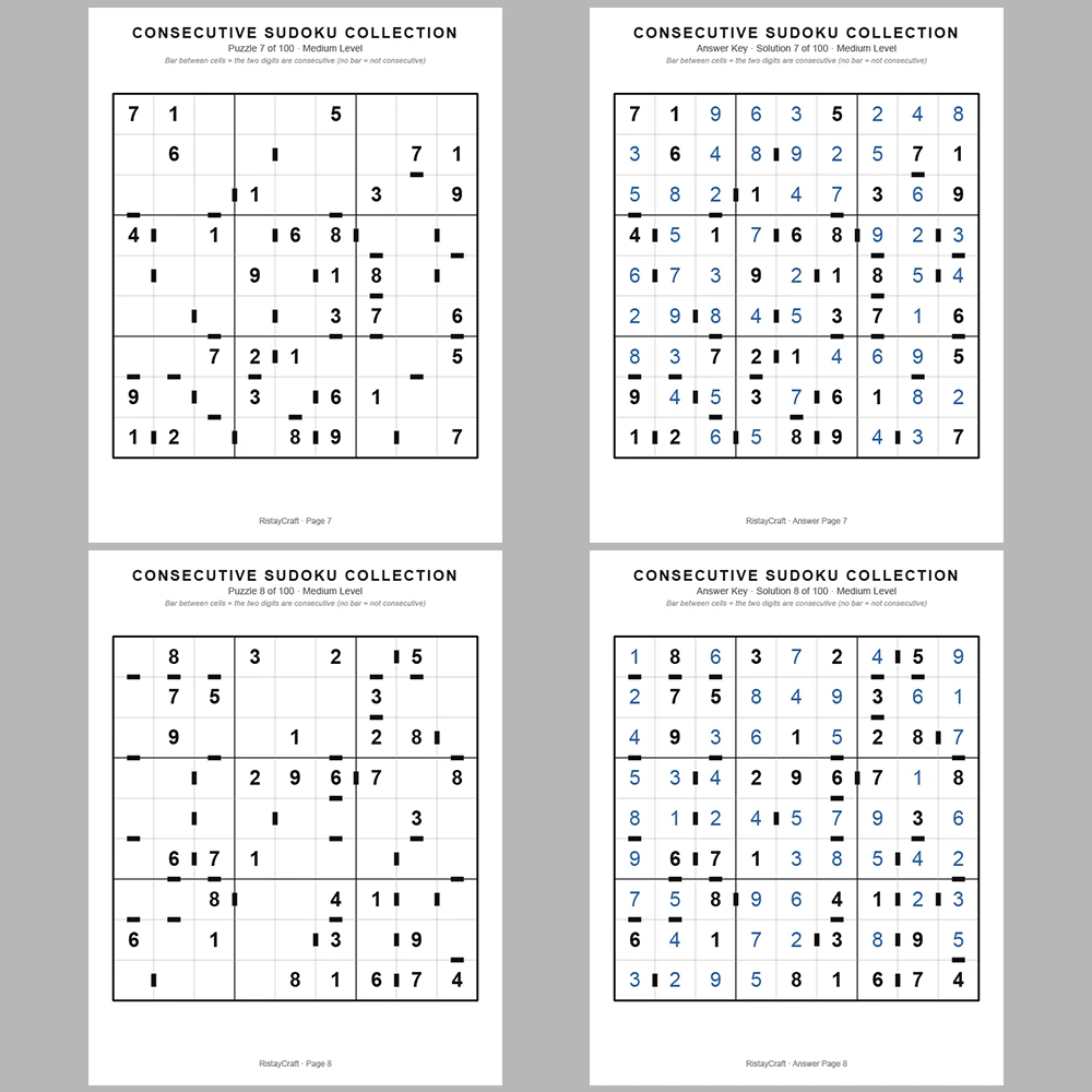 Sudoku Puzzle Consecutive Sudoku 100 Puzzle Pages + 100 Answer Key Pages