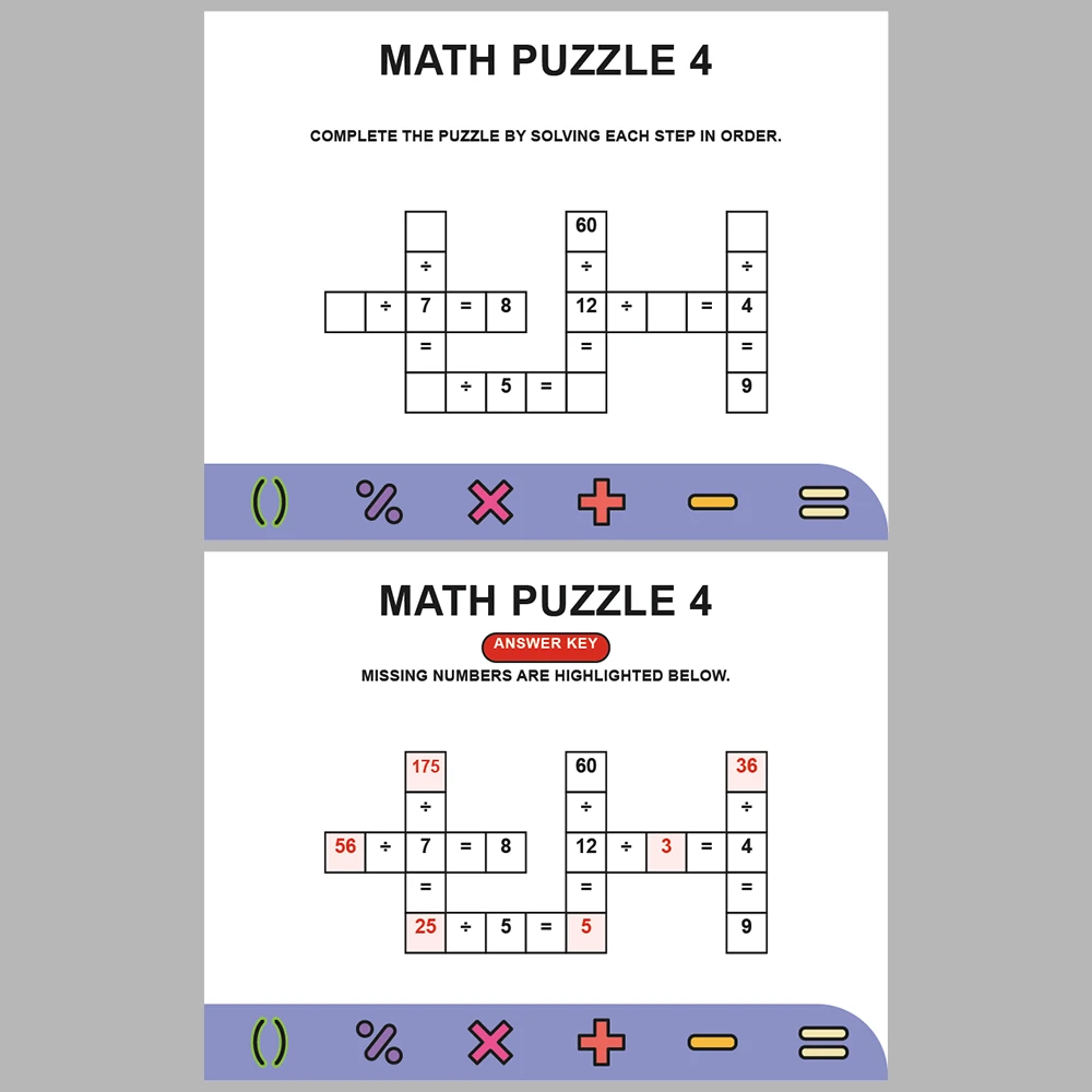 Math Puzzle Division 10 Puzzle Pages + 10 Answer Key Pages (Vol. 5)