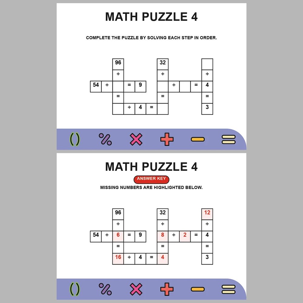 Math Puzzle Division 10 Puzzle Pages + 10 Answer Key Pages (Vol. 6)