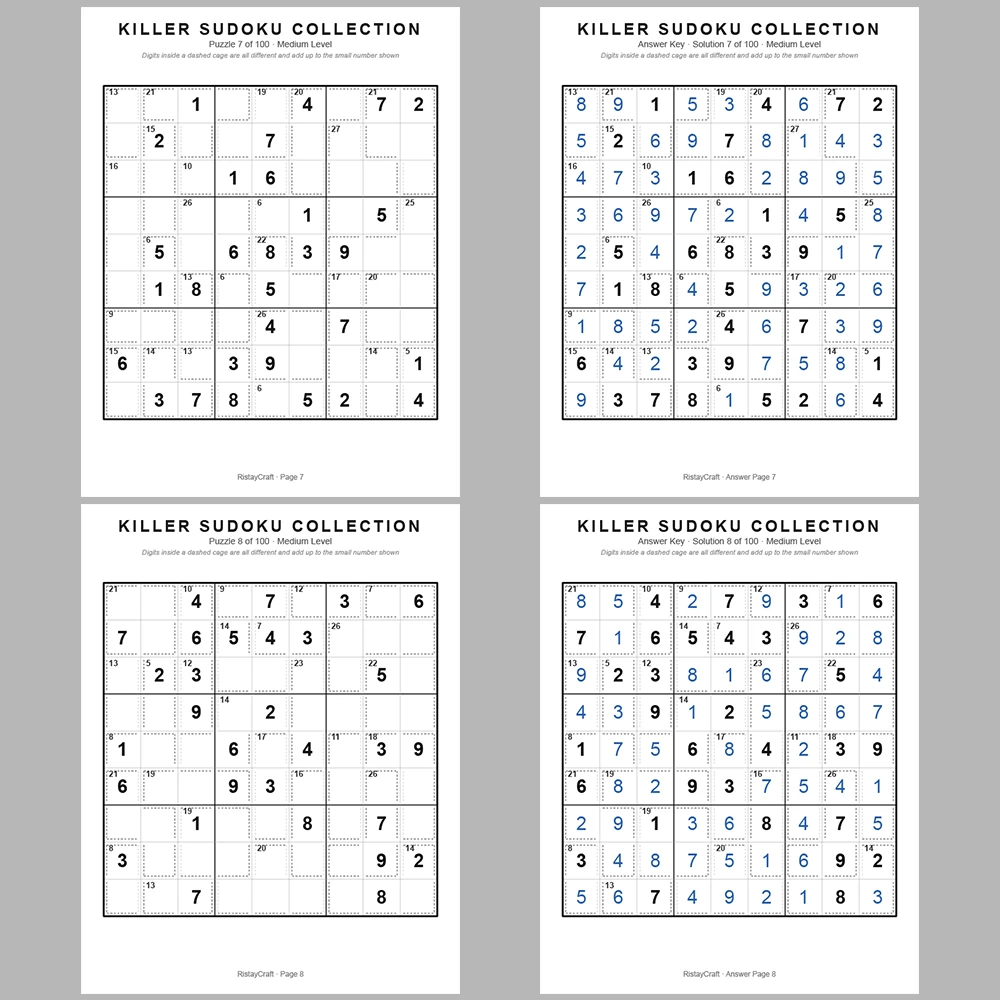 Sudoku Puzzle Killer Sudoku 100 Puzzle Pages + 100 Answer Key Pages