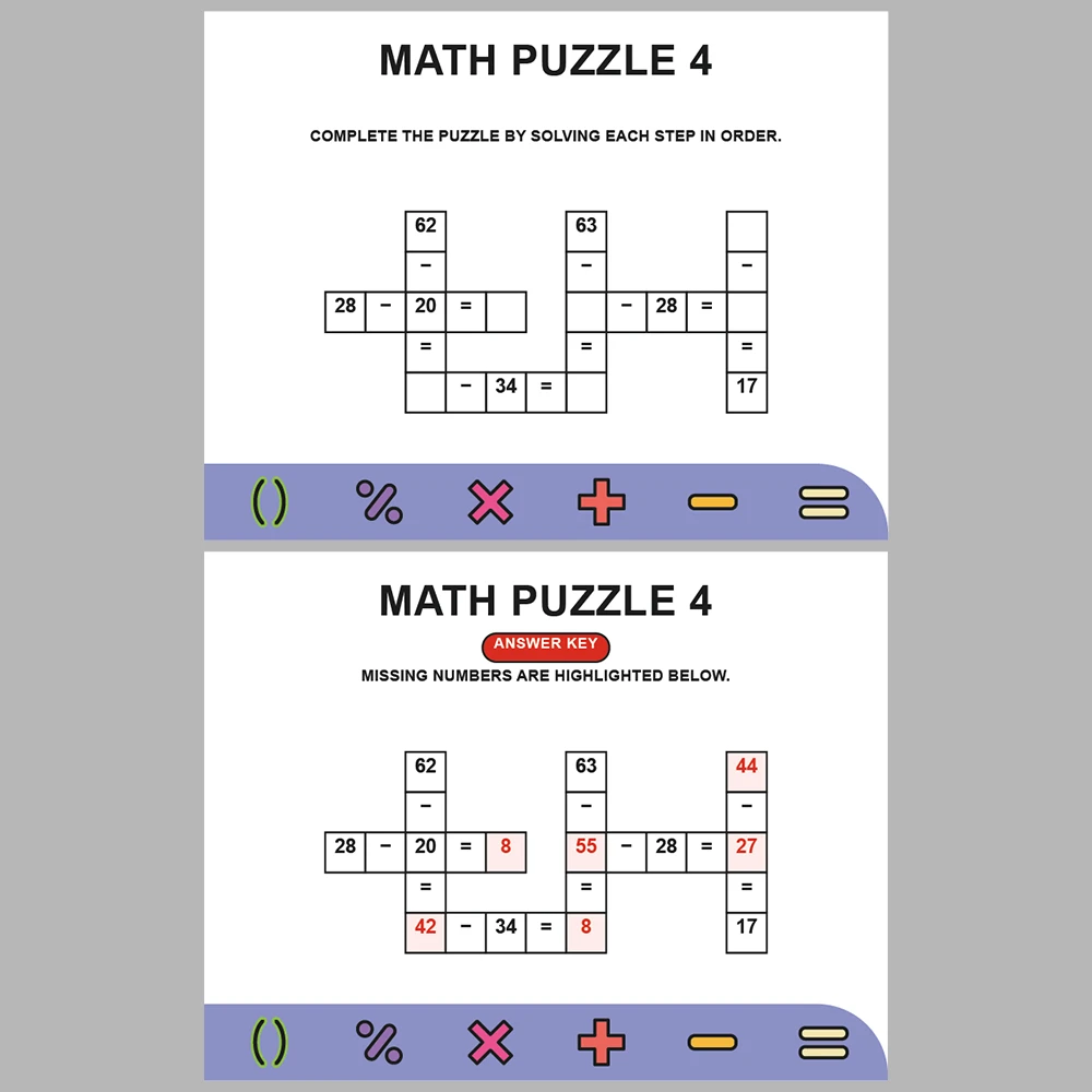 Math Puzzle Subtraction 10 Puzzle Pages + 10 Answer Key Pages (Vol. 1)