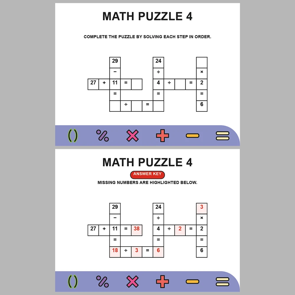 Math Puzzle Four Operations 10 Puzzle Pages + 10 Answer Key Pages (Vol. 5)