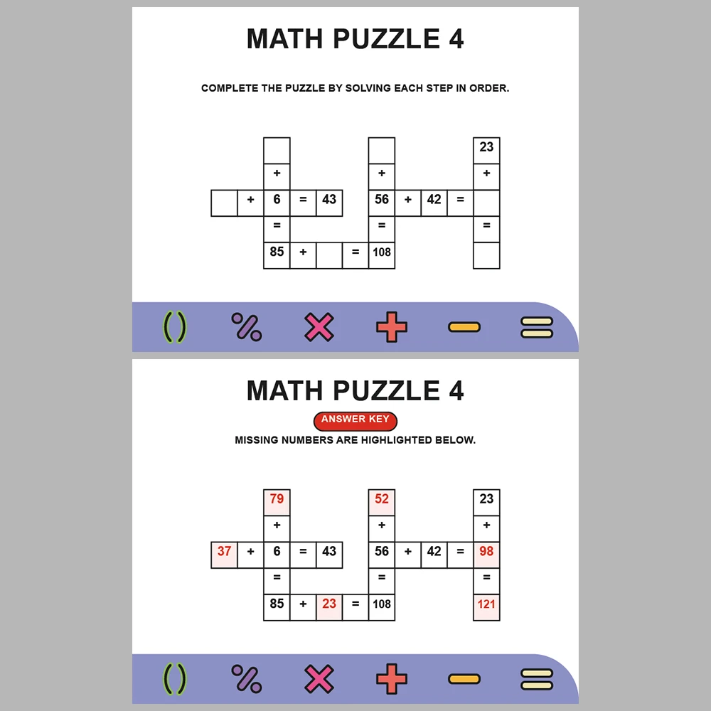 Math Puzzle Addition 10 Puzzle Pages + 10 Answer Key Pages (Vol. 9)