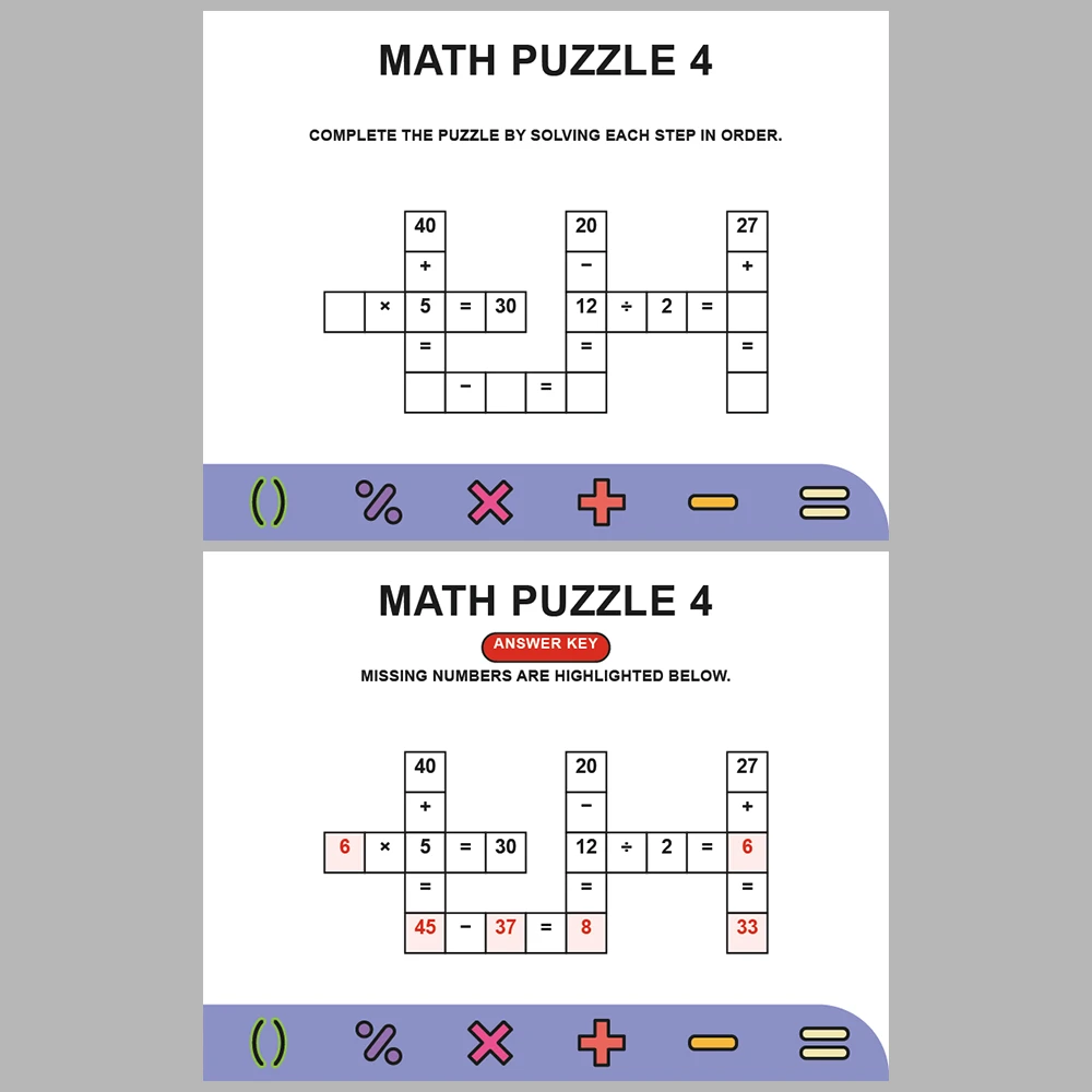 Math Puzzle Four Operations 10 Puzzle Pages + 10 Answer Key Pages (Vol. 12)