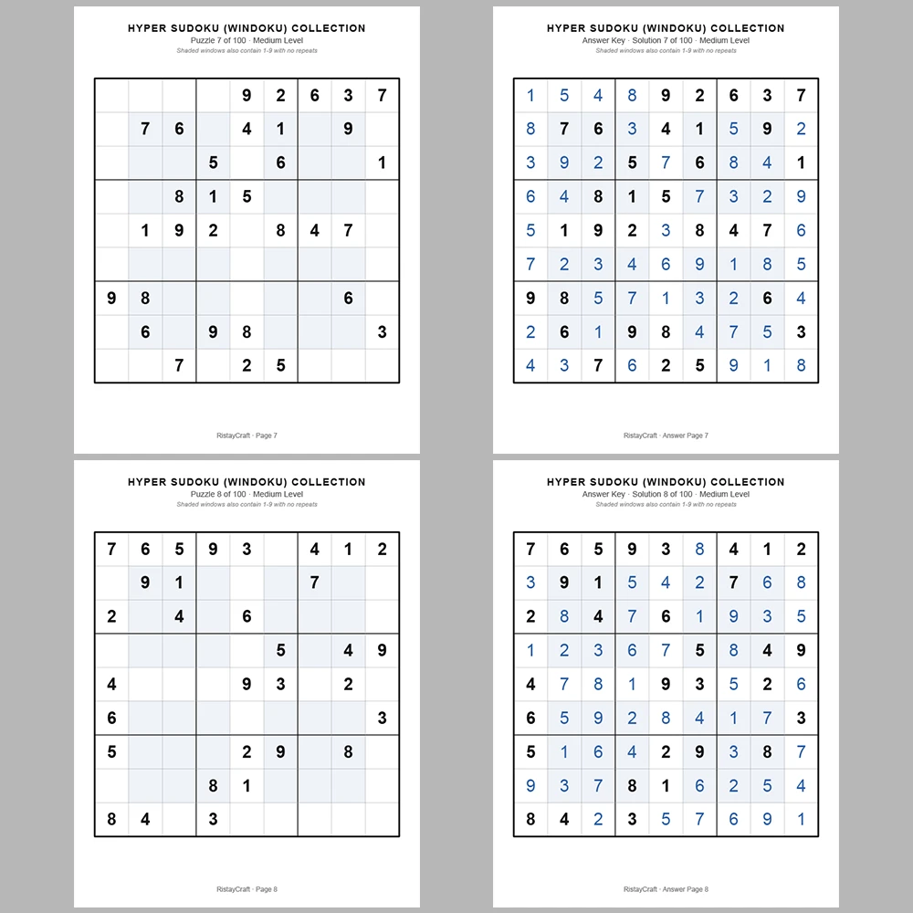 Sudoku Puzzle Hyper Sudoku 100 Puzzle Pages + 100 Answer Key Pages