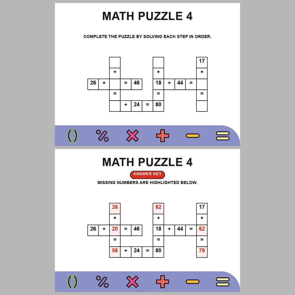 Math Puzzle Addition 10 Puzzle Pages + 10 Answer Key Pages (Vol. 3)