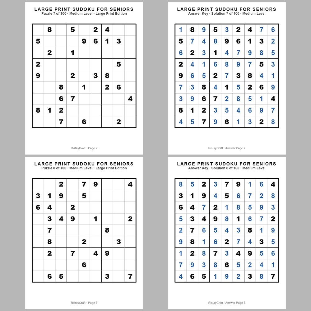 Sudoku Puzzle Senior – Medium 100 Puzzle Pages + 100 Answer Key Pages