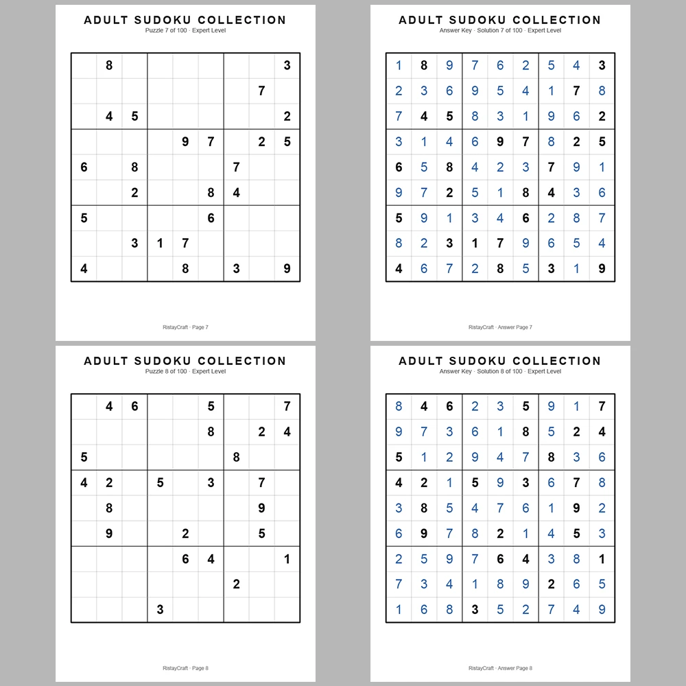 Sudoku Puzzle Adult Expert 100 Puzzle Pages + 100 Answer Key Pages