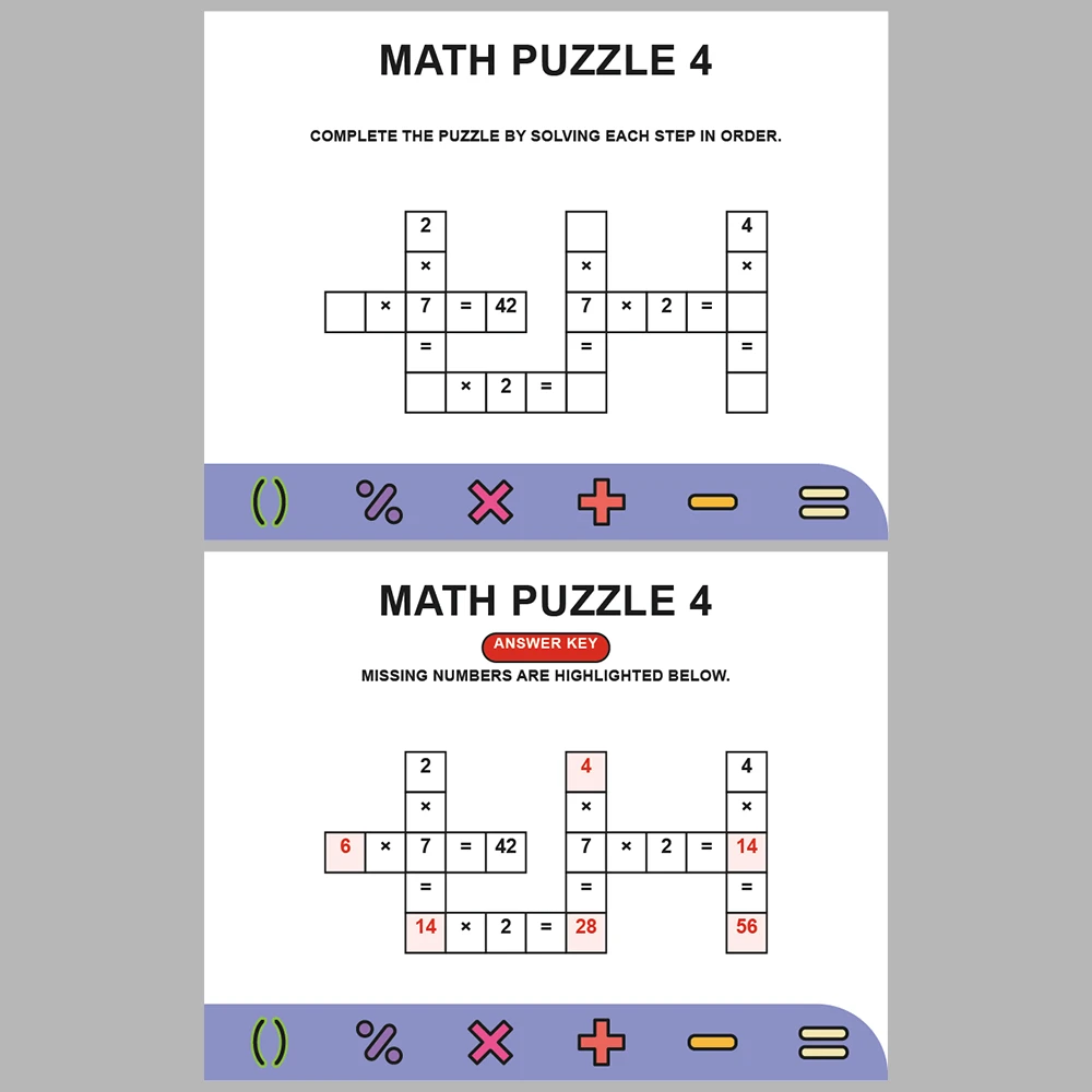 Math Puzzle Multiplication 10 Puzzle Pages + 10 Answer Key Pages (Vol. 6)