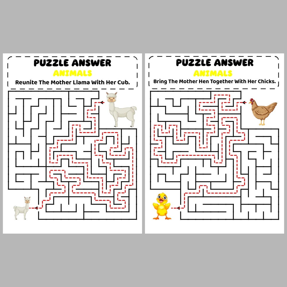 Mother and Baby Animal Kids Maze Puzzle 10 Pages of Puzzles