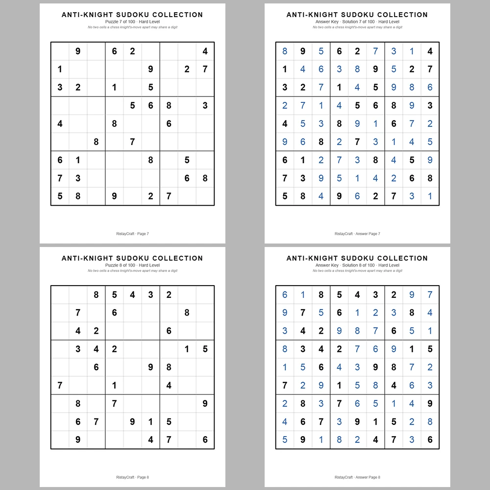 Sudoku Puzzle Anti-knight Sudoku 100 Puzzle Pages + 100 Answer Key Pages