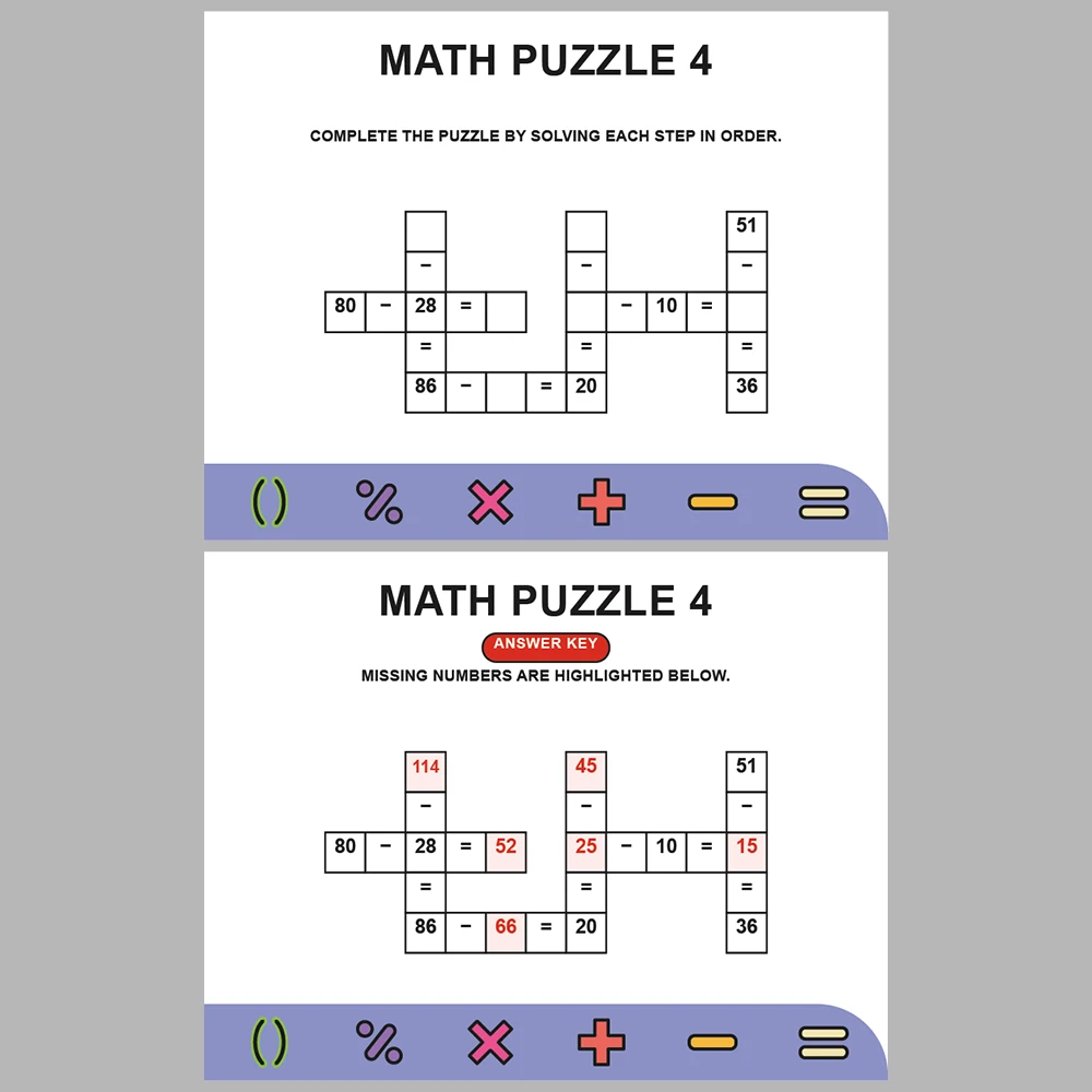 Math Puzzle Subtraction 10 Puzzle Pages + 10 Answer Key Pages (Vol. 3)