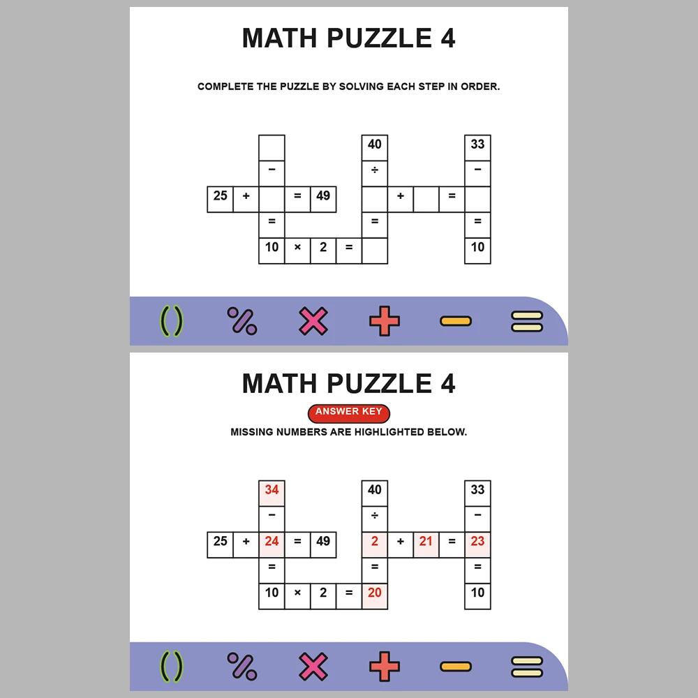 Math Puzzle Four Operations 10 Puzzle Pages + 10 Answer Key Pages (Vol. 10)