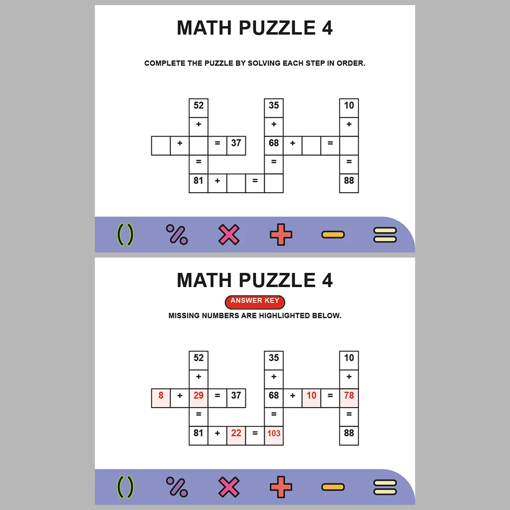 Math Puzzle Addition 10 Puzzle Pages + 10 Answer Key Pages (Vol. 6)