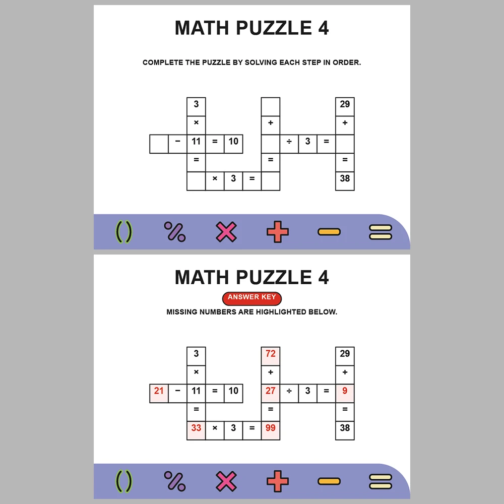 Math Puzzle Four Operations 10 Puzzle Pages + 10 Answer Key Pages (Vol. 11)