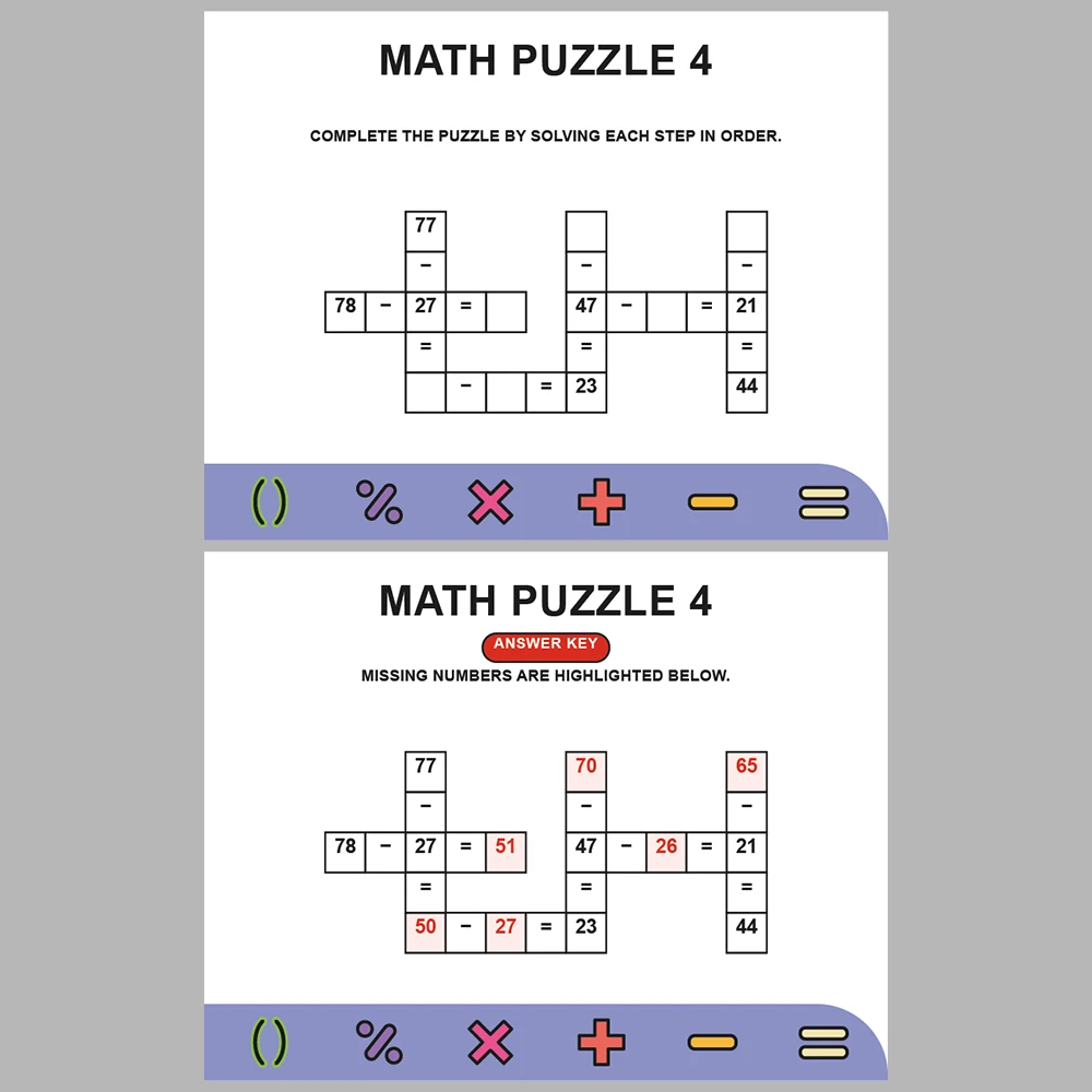 Math Puzzle Subtraction 10 Puzzle Pages + 10 Answer Key Pages (Vol. 4)