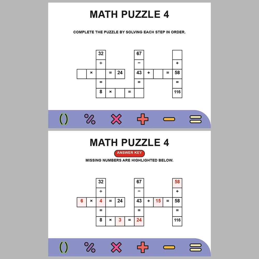 Math Puzzle Four Operations 10 Puzzle Pages + 10 Answer Key Pages (Vol. 14)