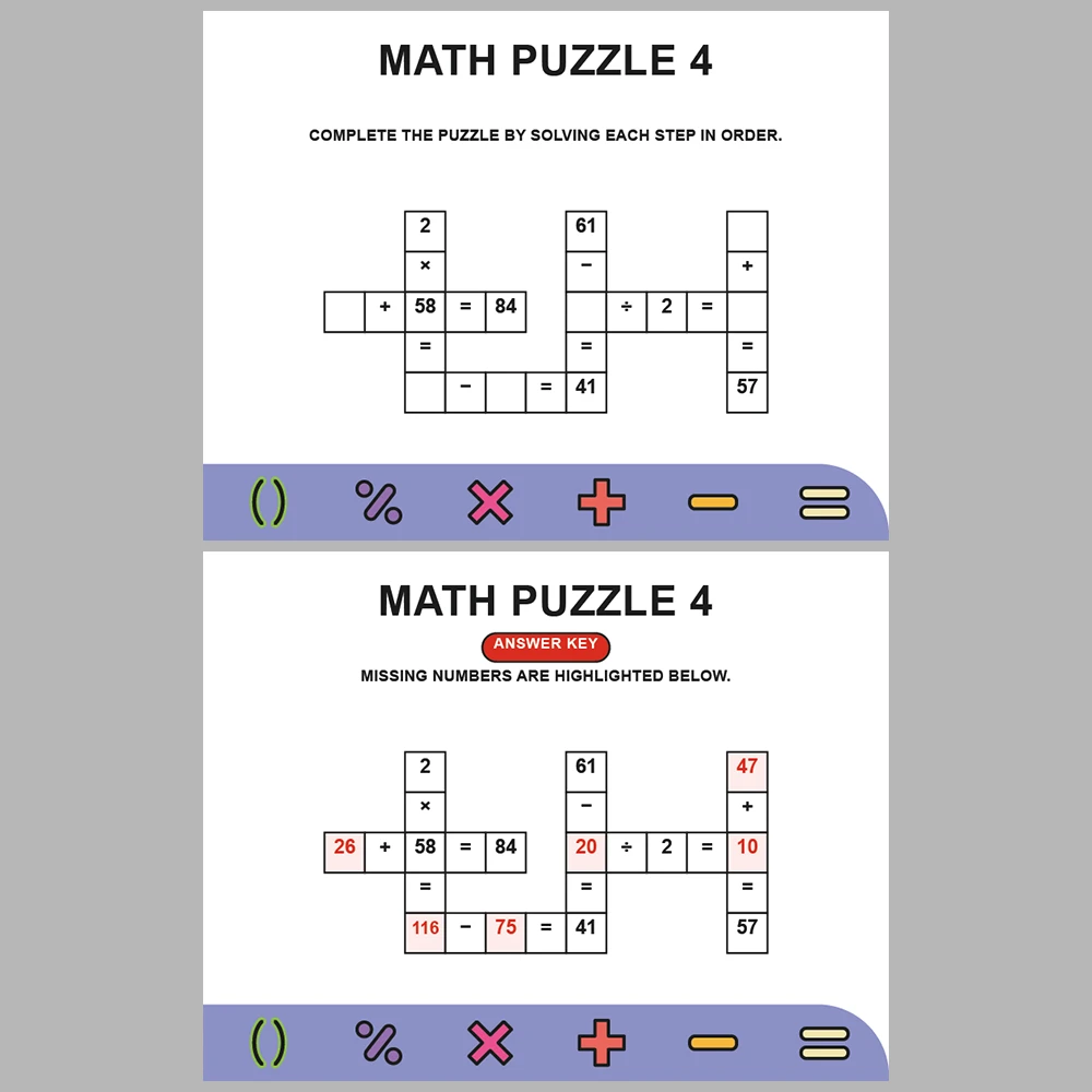 Math Puzzle Four Operations 10 Puzzle Pages + 10 Answer Key Pages (Vol. 20)